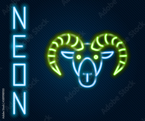 Glowing neon line Head of goat or ram icon isolated on black background. Mountain sheep. Animal symbol. Colorful outline concept. Vector.