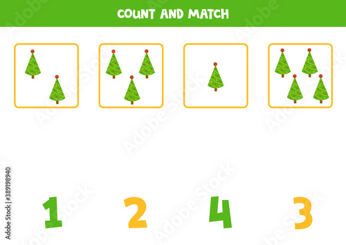 Counting game for kids. Cute Christmas fir trees.