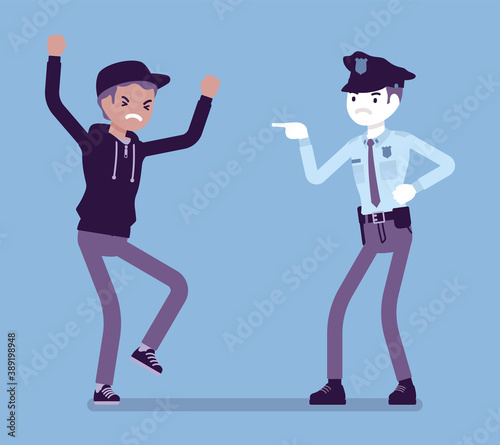 Conflict of interest for policeman and criminal. Police abuse, excessive use of force dealing with young suspect and civilian, treat with cruel words, violence. Vector creative stylized illustration