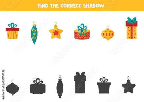 Find the correct shadow of Christmas elements. Set of present boxes and balls.
