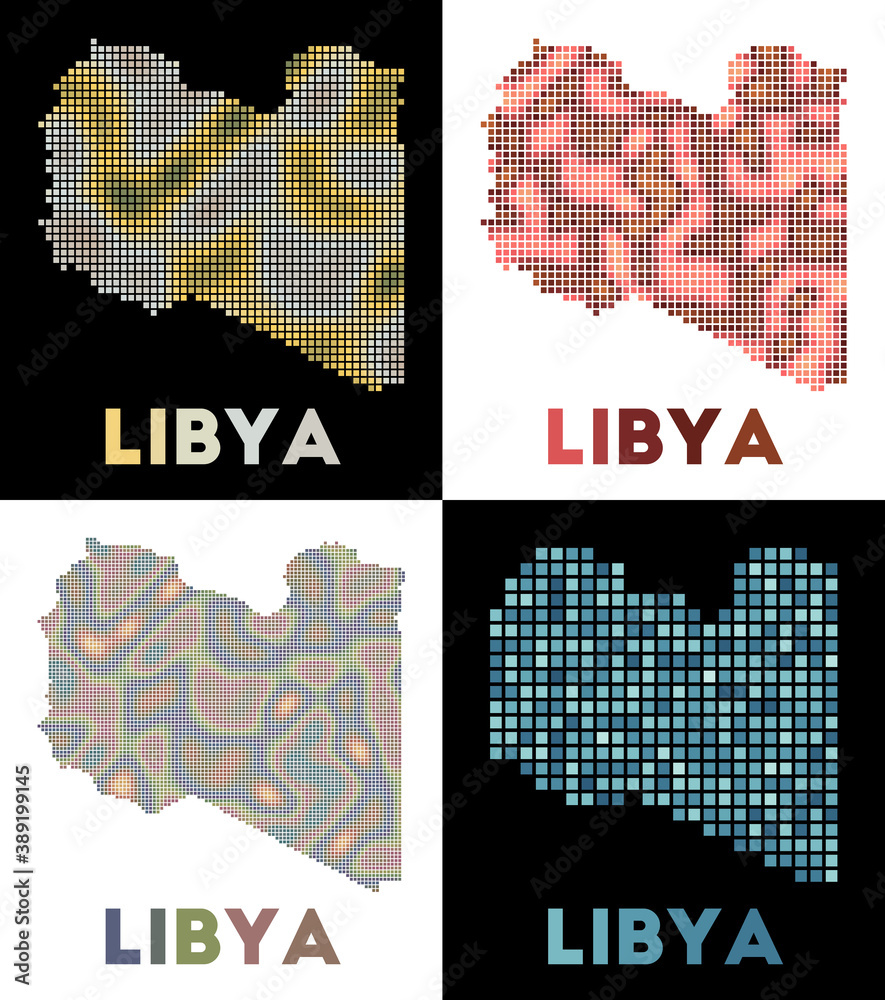 Libya map. Collection of map of Libya in dotted style. Borders of the country filled with rectangles for your design. Vector illustration.