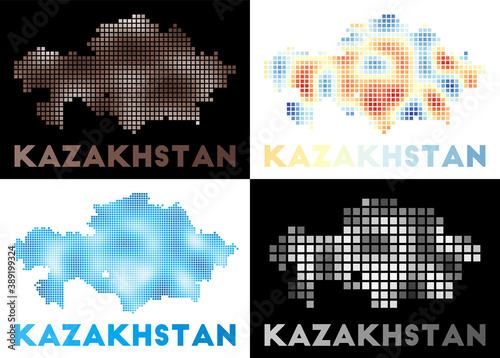 Kazakhstan map. Collection of maps of Kazakhstan in dotted style. Borders of the country filled with rectangles for your design. Vector illustration.