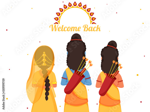 Back View of Lord Rama with His Wife Sita and Brother Laxman on White Background for Welcome Back.