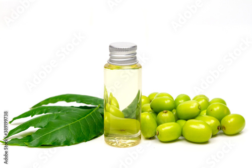 Neem oil in bottle and neem leaf and fruit isolated on white background. Neem oil is an excellent moisturizing oil and contains various compounds that have insecticidal and medicinal properties.