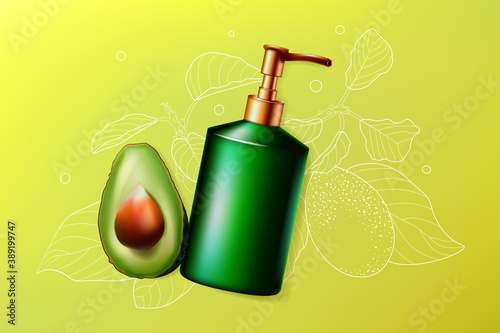 Avocado cosmetics skincare vector illustration. Face or body skin beauty care product in bottle with dispenser and half cut avocado fruit, eco anti wrinkle natural healthcare cosmetology background