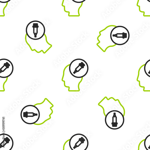 Line Addiction to the drug icon isolated seamless pattern on white background. Heroin, narcotic, addiction, illegal. Sick junkie with a syringe and medical pills. Vector.