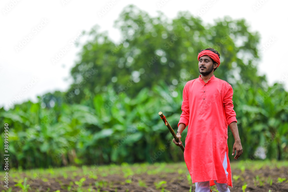 Young indian farmer in traditional wear and holding wooden stick in hand at banana field Young indian farmer in traditional wear and holding wooden stick in hand at banana field