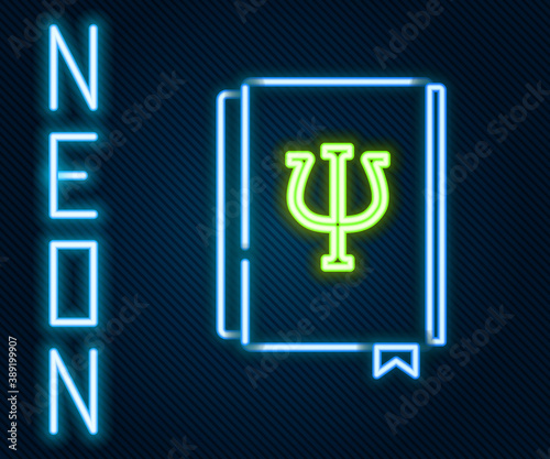Glowing neon line Psychology book icon isolated on black background. Psi symbol. Mental health concept, psychoanalysis analysis and psychotherapy. Colorful outline concept. Vector.