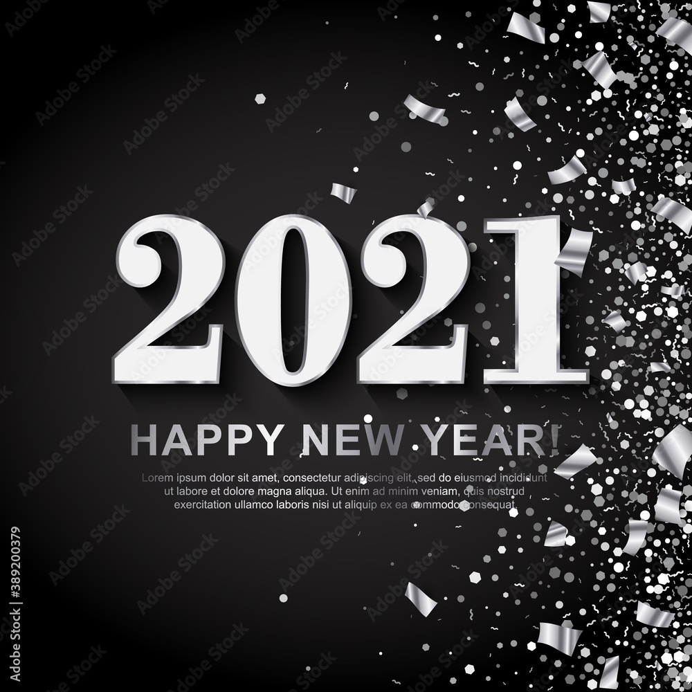 2021 Happy New Year Banner with Silver Numbers on black Background with scattering sequin and foil paper confetti. Vector illustration. All isolated and layered