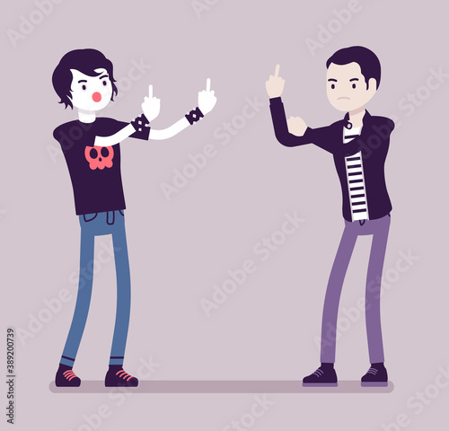 Conflict of interest for young hooligans, heated argument and disagreement. Violent teens in aggressive behavior, impulsive conduct, show offensive rude signs. Vector creative stylized illustration