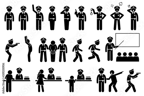 Police officer or policeman poses and actions. Vector illustrations of stick figure police arresting criminal and handcuffed law offender. People reporting at police station.