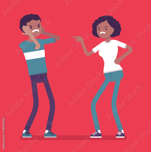 Conflict of interest for wife, husband, black family disagreement or argument. Negative male and female relationships, understanding the opposite sex difficulty. Vector creative stylized illustration