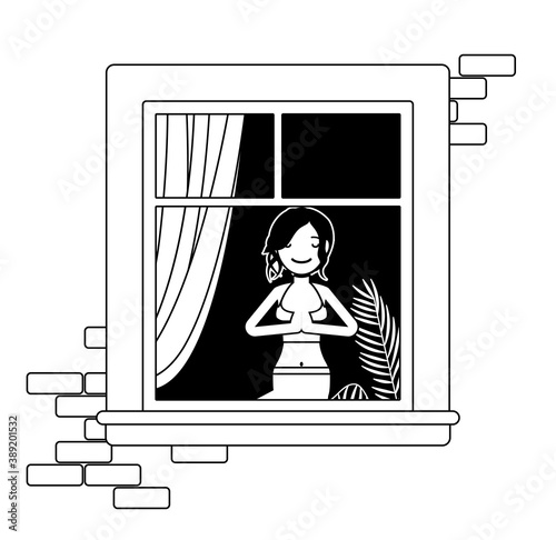 Window with young yogi woman behind, sun salutation yoga pose. Homebody person staying home, enjoy safe comfortable private, personal life. Vector illustration, black, white ink pen line art drawing