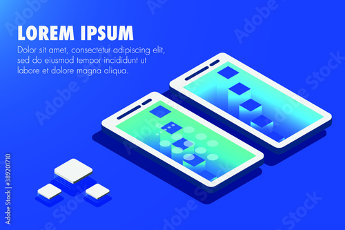 Open and lock, isometric mobile phone, slide or poster on gradient background