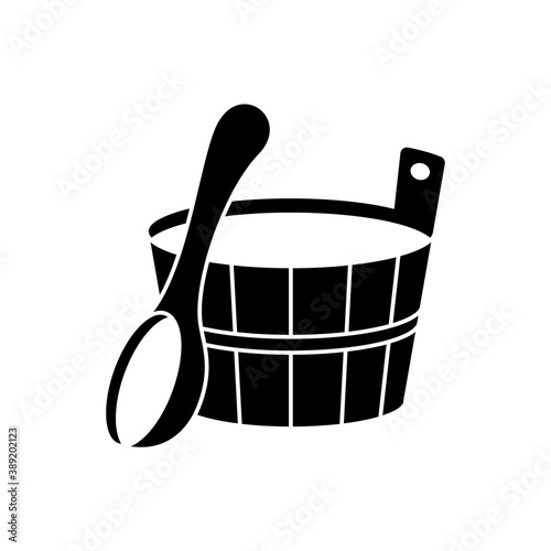 Silhouette sauna emblem. Outline icon of wooden tub, bath ladle. Classic accessory for Russian banya. Black simple illustration of spoon, bucket. Flat isolated vector pictogram, white background