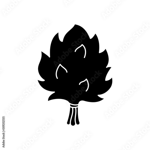 Bath whisk with leaves. Silhouette Sauna broom. Outline icon of classic accessory for Russian banya. Black simple illustration of bunch of branches. Flat isolated vector pictogram, white background