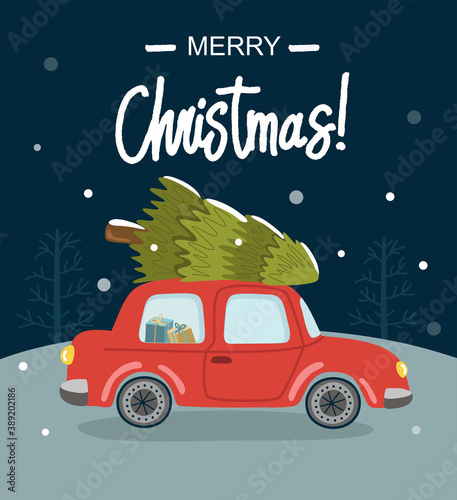 Merry christmas and happy new year greeting card with retro car and lettering. Vector illustration. Winter evening landscape background. 