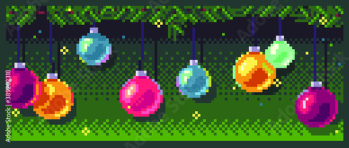 Cool New Year's art. Christmas tree toys with a Christmas tree for a festive mood. Bright pixel art vector illustration