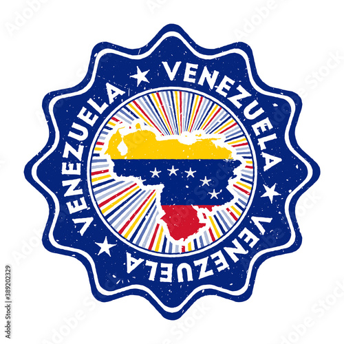 Venezuela round grunge stamp with country map and country flag. Vintage badge with circular text and stars, vector illustration.