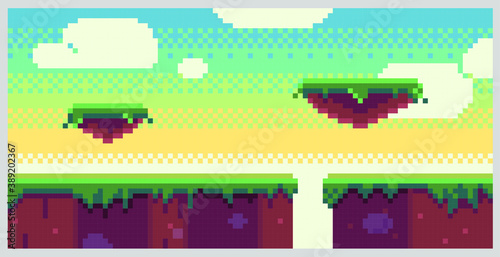 Seamless pixel background for games and illustrations. Vector image. Picturesque landscape with land. Pixel Art Style