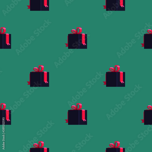 Awesome Black Friday seamless pattern. Black gift with red ribbon. Pixel art vector illustration