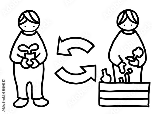 Wallpaper Mural SDGsの内容を分かりやすくイメージした、手描きイラスト(エネルギー・リサイクル・環境)。人参の皮をコンポストに入れて堆肥をつくり、その土で野菜の苗を育てているイラスト Torontodigital.ca