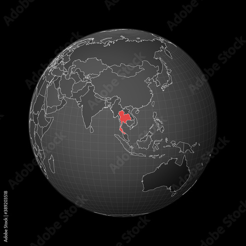 Dark globe centered on Thailand. Country highlighted with red color on world map. Satellite world projection. Amazing vector illustration.