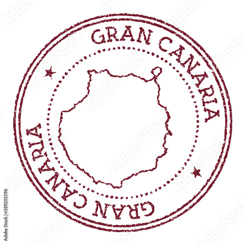 Gran Canaria round rubber stamp with island map. Vintage red passport stamp with circular text and stars, vector illustration.