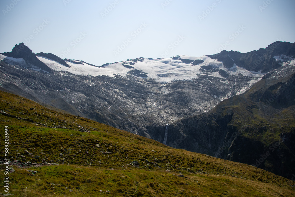 View of a melting glacier in the Austrian Alps in summer