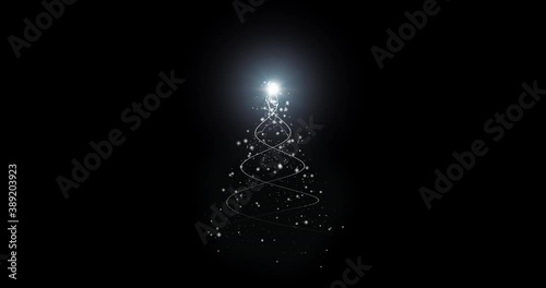 Isolated black backgrounds white Christmas tree for cold winter new year santa festival decorate celebrate with overlay and luxury gold green theme with white shine star and snow snowflake flare