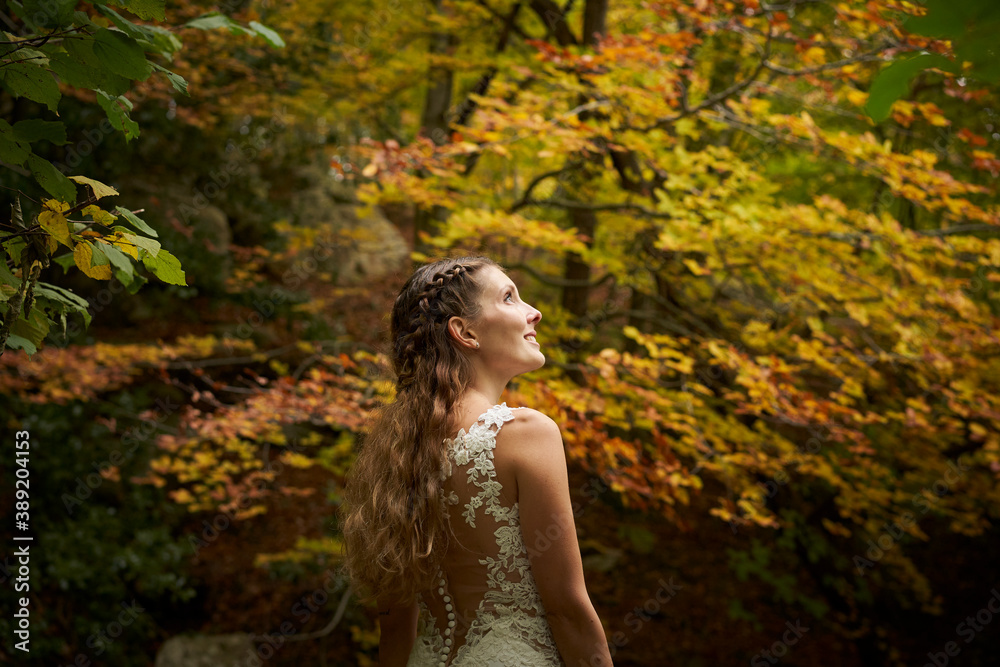 Back portrait of a beautiful bride looking up against an out of focus background of autumn trees. Back portrait of a beautiful bride looking up against an out of focus background of autumn trees.