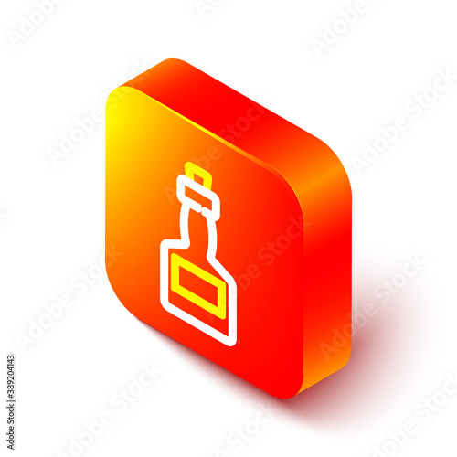 Isometric line Tabasco sauce icon isolated on white background. Chili cayenne spicy pepper sauce. Orange square button. Vector.