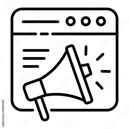 Digital Marketing campaign concept, Browser with Megaphone vector Line icon design, Cloud computing and Internet hosting services Symbol on White background  