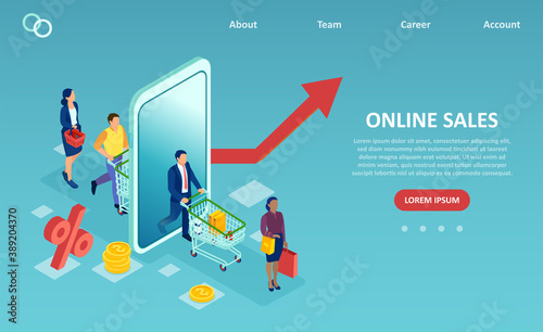Vector of people customers with baskets and shopping carts walking through a smartphone screen.
