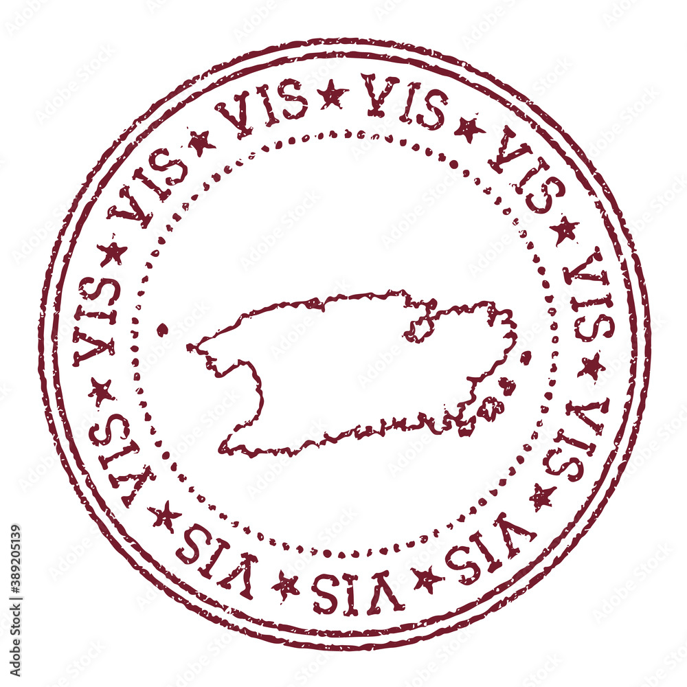 Vis round rubber stamp with island map. Vintage red passport stamp with circular text and stars, vector illustration.