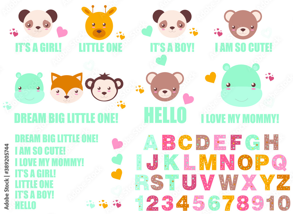 children's cute set with animal faces, inscriptions and hearts for creating postcards, posters, vector illustration on a white background