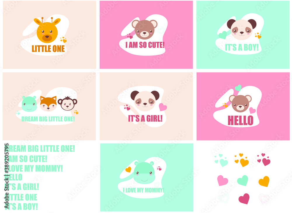 cute animal faces with lettering, colored vector set with baby cards