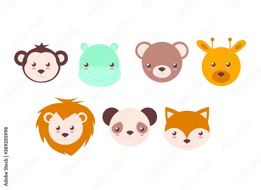 Naklejka premium cute animal faces, colored vector illustration on a white background