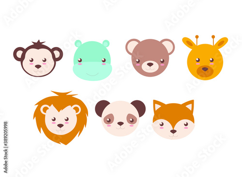 cute animal faces, colored vector illustration on a white background