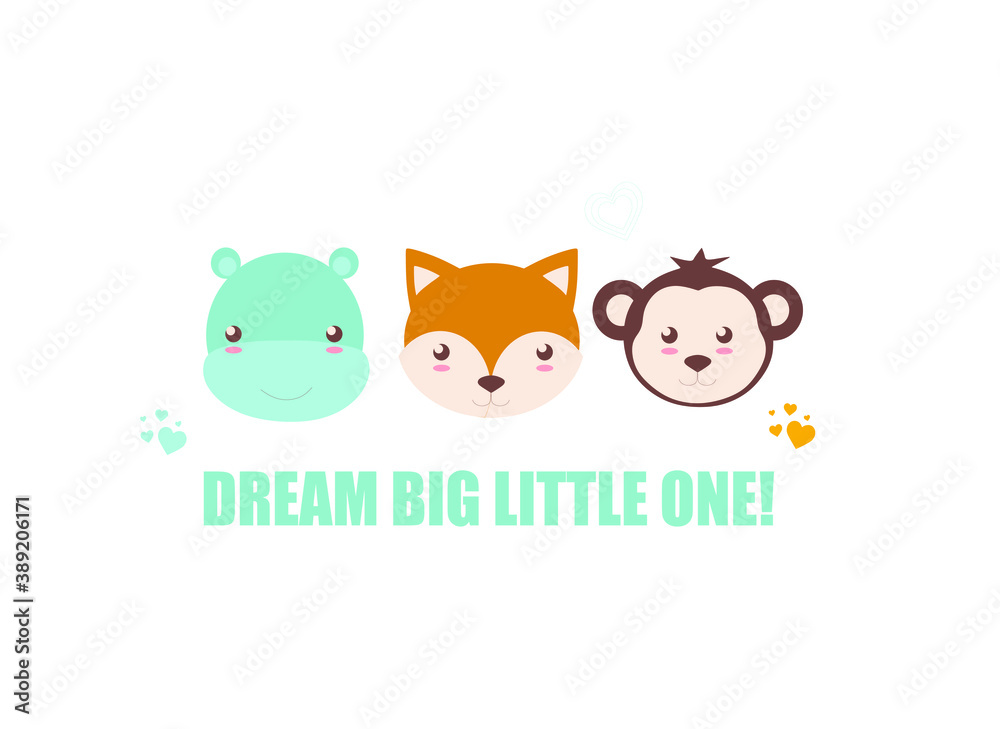 Naklejka premium cute animal faces with inscriptions, colored vector illustration on a white background