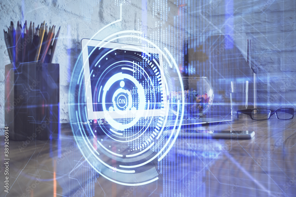 Double exposure of desktop with personal computer on background and tech theme drawing. Concept of data analysis. Double exposure of desktop with personal computer on background and tech theme drawing. Concept of data analysis.