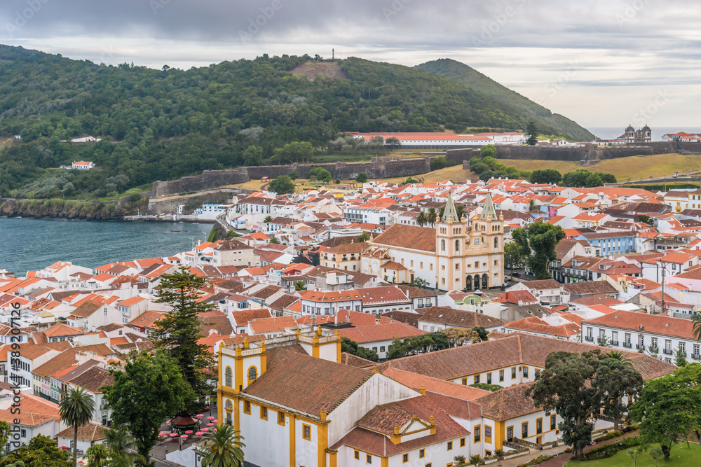Aerial view over Angra do Heroísmo and bay with Monte Brasil in the background, Terceira - Azores PORTUGAL