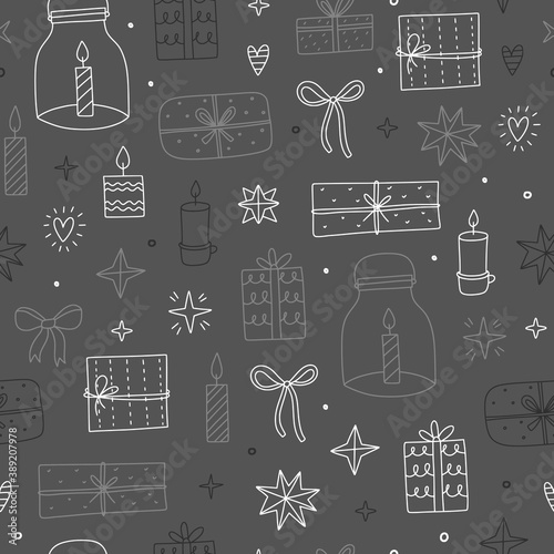 Christmas seamless pattern. Vector background with cute winter illustrations: candles, gifts, snowflakes. Hygge pattern design
