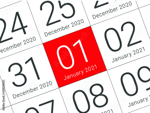 Close up of first day of the year 2021 on diary calendar, simple and clean design vector. 
