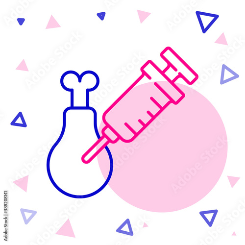 Line Gmo research chicken icon isolated on white background. Syringe being injected to chicken. Colorful outline concept. Vector.