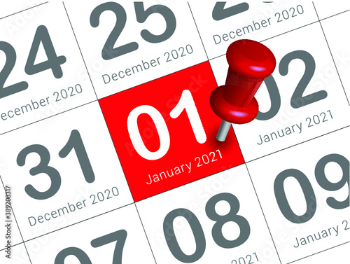 Close up of first day of the year 2021 on diary calendar, simple and clean design vector. 

