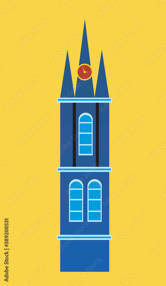 Fototapeta premium Gothic chapel, european house isolated as logo, emblem, icon, flat vector illustration with retro european catholic chapel with old clock