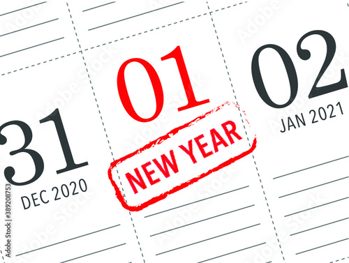 Close up of first day of the year 2021 on diary calendar, simple and clean design vector. 

