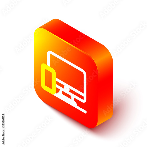 Isometric line Computer monitor and mobile phone icon isolated on white background. Earnings in the Internet, marketing. Orange square button. Vector.