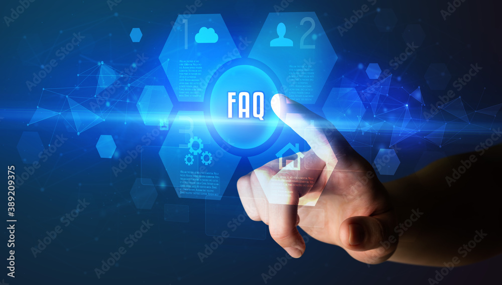 Hand touching FAQ inscription, new technology concept Hand touching FAQ inscription, new technology concept